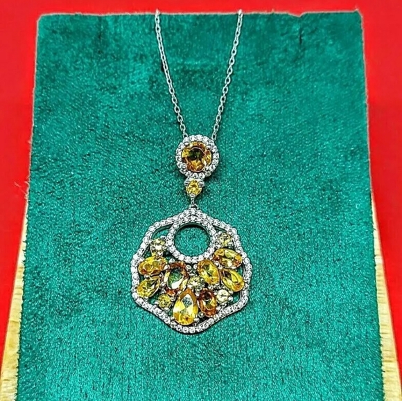 Natural Citrine & Cz 14K White Gold on 925 Sterling Silver Necklace - Picture 4 of 5